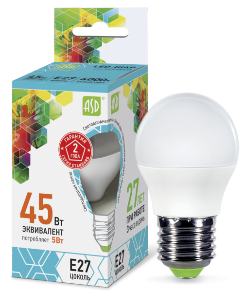 Лампа светодиодная LED-ШАР-standard 5Вт 230В Е27 4000К 450Лм ASD Лампа светодиодная LED-ШАР-standard 5Вт 230В Е27 4000К 450Лм ASD
